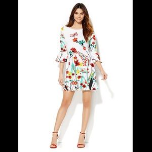 White Floral New York & Co Bell Sleeve Shift Dress